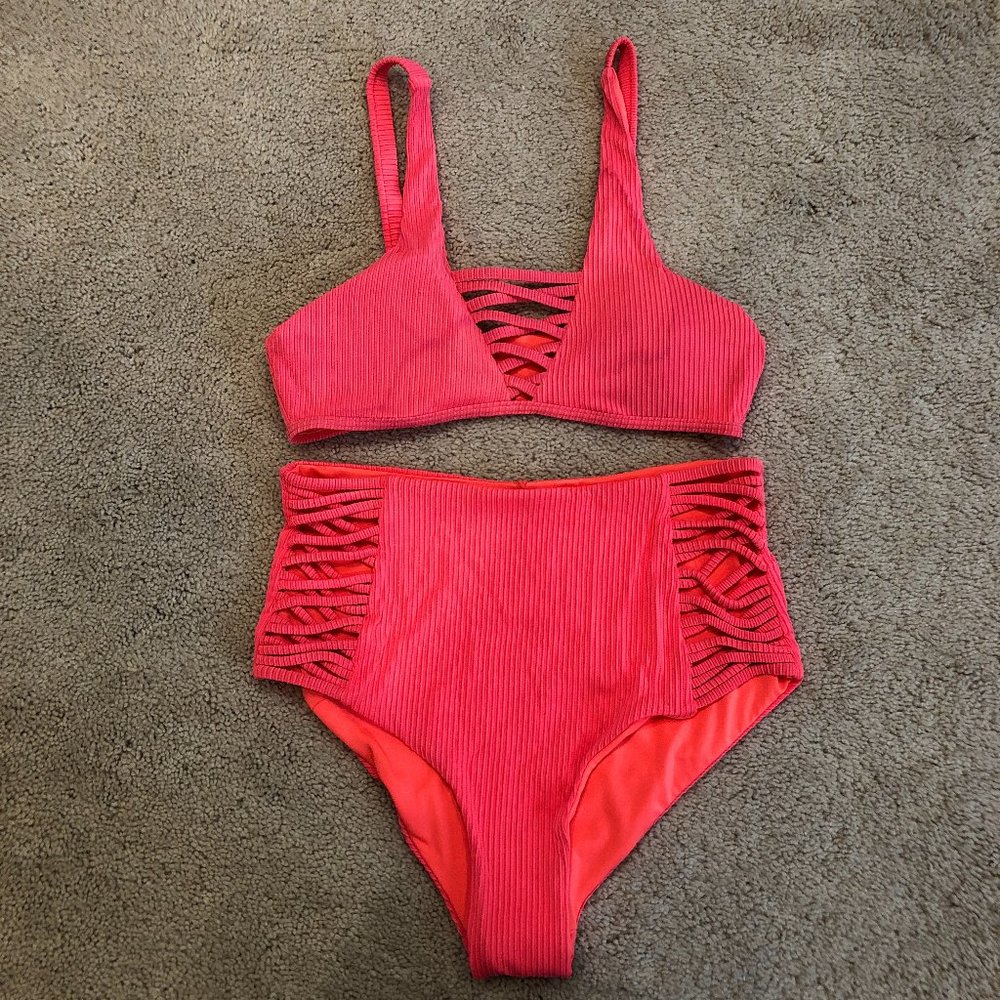 BRIGHT/NEON ORANGE HIGH WAISTED PULL OVER BIKINI SWIMSUIT SIZE XSMALL